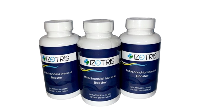 Three bottles of izotris are shown on a green background.